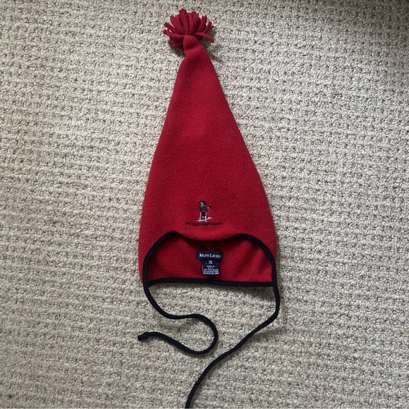 Vintage Polo Sport Ralph Lauren Red Fleece Winter Hat Pom Pom - Picture 1 of 4
